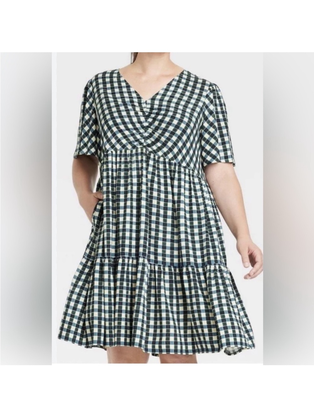 Ava & Viv Black and White Gingham V‑Neck Tiered Mini Dress